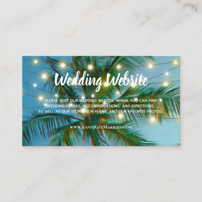 Hochzeitwebsite Tropical Beach String Lights Ombre Visitenkarte (Vorderseite)