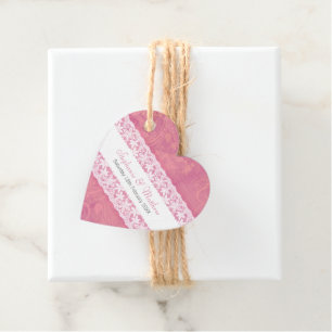 Hochzeitweilige weiße Spitze auf Lachsrosa Geschenkanhänger
