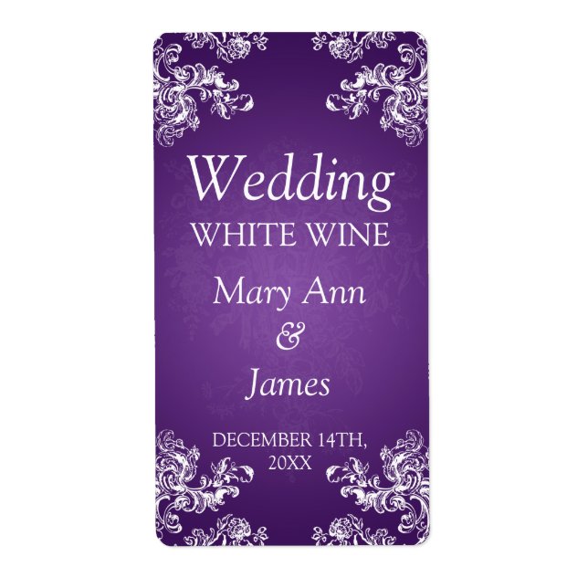 Hochzeitweiliges Weinetikett Vintage Wirbel 2 Lila (Vorne)