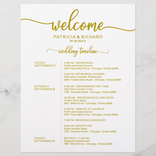 Hochzeitwochenende - Chic Gold Timeline (Vorderseite)