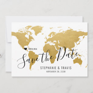 Hochzeitziel Weltkarte Gold bewegliches Herz Save The Date