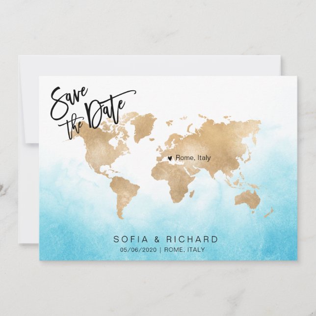 Hochzeitziel Weltkarte Goldenes Herz Einladung (Vorderseite)