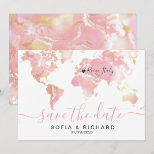 Hochzeitziel Weltkarte Rosa Entfernbares Herz Einladung