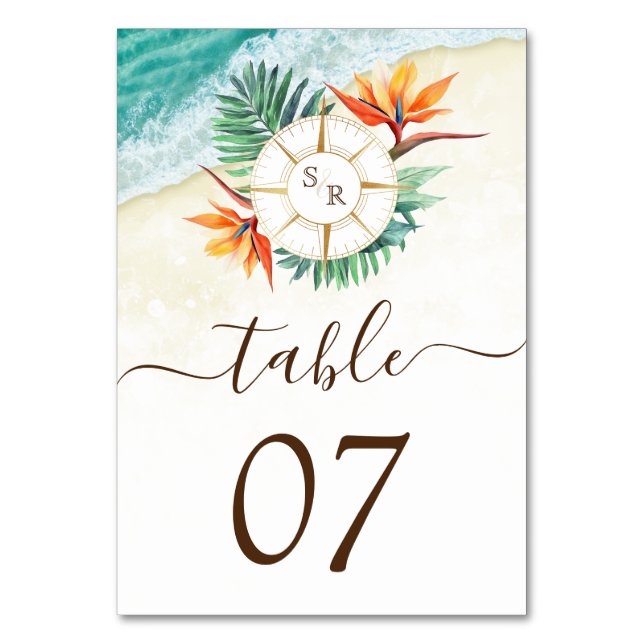 Hochzeitziel World Map Compass Monogram Tischnummer (Vorderseite)