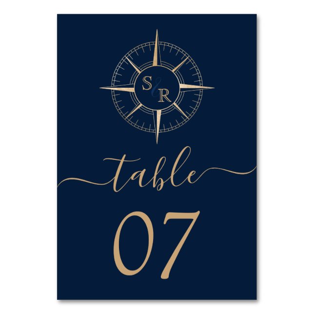 Hochzeitziel World Map Compass Monogram Tischnummer (Vorderseite)