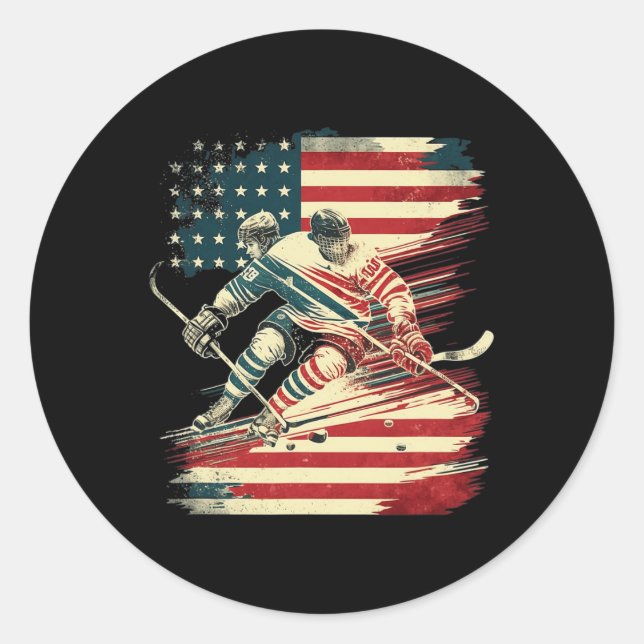 Hockey American Flag Patriotic USA Runder Aufkleber (Vorderseite)