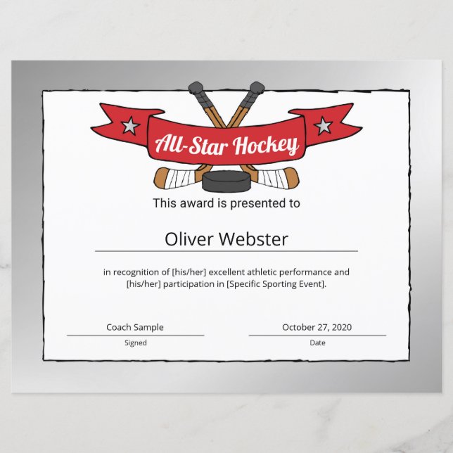 Hockey Award Hockey-Zertifikat für All-Star-Hockey (Vorderseite)