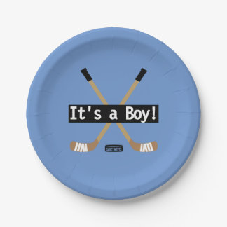 Hockey Baby Es ist ein Boy Blue Hockey Sticks Pappteller