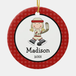 Hockey-blondes Mädchen scherzt personalisiertes Keramikornament
