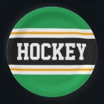 HOCKEY Bold Green Black Yellow Racing Stripes Pappteller<br><div class="desc">Dieses sportliche,  sportliche Design mit feinem HOCKEY-Text in einem farbenprächtigen,  breiten schwarzen Streifen in der Mitte mit weißen und gelben pinstripes und hellgrünen äußeren Streifen. Der Text kann personalisiert sein.</div>