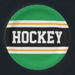 HOCKEY Bold Green Black Yellow Racing Stripes Pappteller<br><div class="desc">Dieses sportliche,  sportliche Design mit feinem HOCKEY-Text in einem farbenprächtigen,  breiten schwarzen Streifen in der Mitte mit weißen und gelben pinstripes und hellgrünen äußeren Streifen. Der Text kann personalisiert sein.</div>