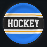 HOCKEY Bright Blue Black Yellow Racing Streifen Pappteller<br><div class="desc">Dieses sportliche,  sportliche Design mit feinem HOCKEY-Text in einem farbenprächtigen,  breiten schwarzen Streifen in der Mitte mit weißen und gelben pinstripes und hellblauen äußeren Streifen. Der Text kann personalisiert sein.</div>