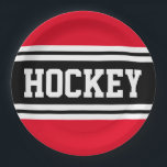HOCKEY Bright Red Schwarz-weiß Racing Streifen Pappteller<br><div class="desc">Dieses sportliche,  sportliche Design mit feinem HOCKEY-Text in einem schwarzen,  hervorgehobenen Streifen mit zwei weißen Rennstreifen und leuchtend rotem Hintergrund. Der Text in diesem Design kann personalisiert sein.</div>