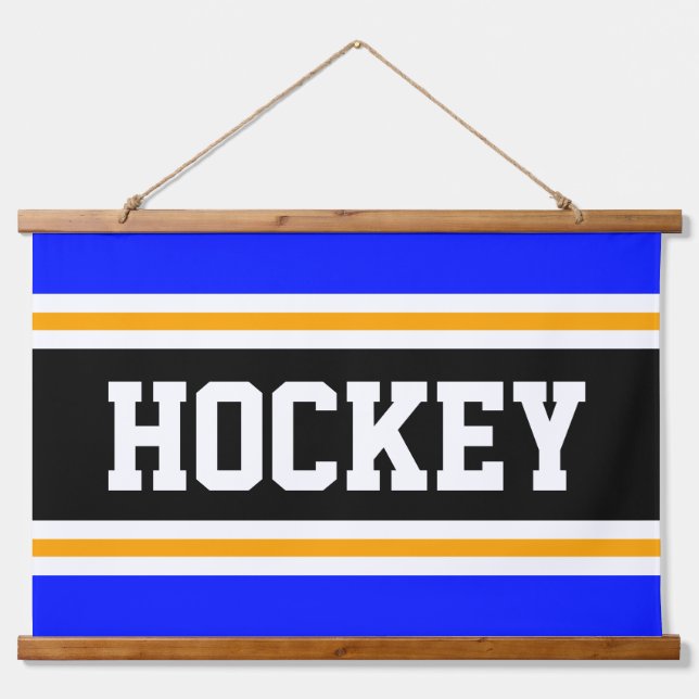 HOCKEY Bright Vivid Blue Black Yellow Streifen Wandteppich Mit Holzrahmen (Vorne)