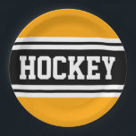 HOCKEY Bright Yellow Schwarz-weiß Racing Streifen Pappteller<br><div class="desc">Dieses sportliche,  sportliche Design mit feinem HOCKEY-Text in einem schwarzen,  hervorgehobenen Streifen mit zwei weißen Rennstreifen und hellgoldgelbem Hintergrund. Der Text in diesem Design kann personalisiert sein.</div>