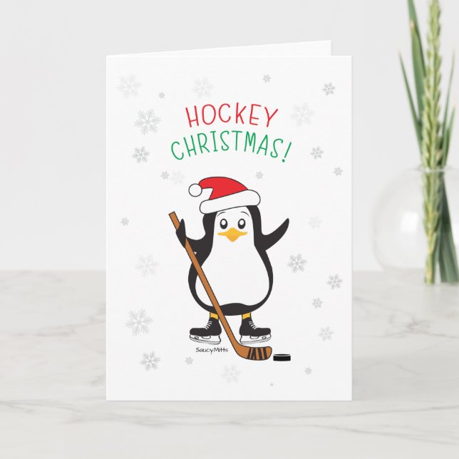 Hockey Christmas Penguin Feiertagskarte (Vorderseite)