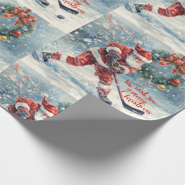  Hockey Christmas with Santa Claus Geschenkpapier (Ecke)