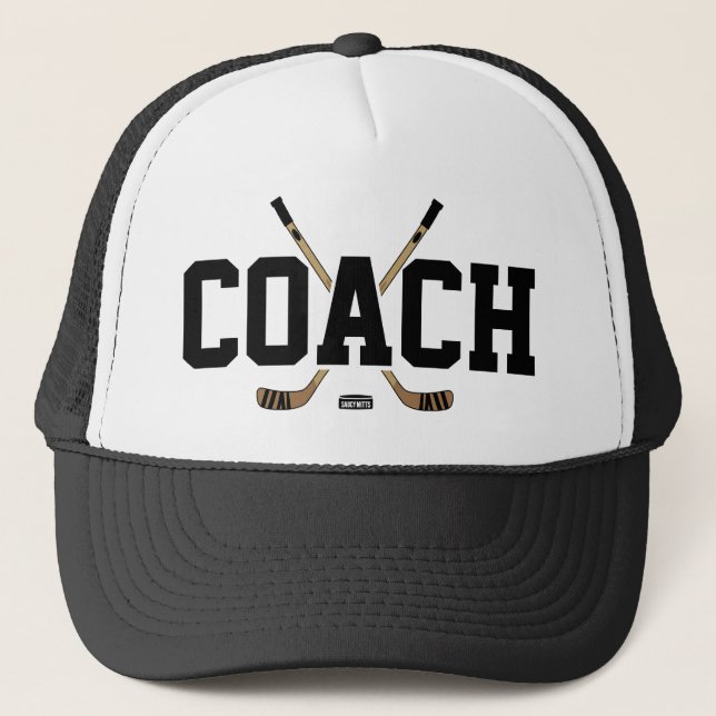 Hockey Coach Sticks und Puck Truckerkappe (Vorderseite)