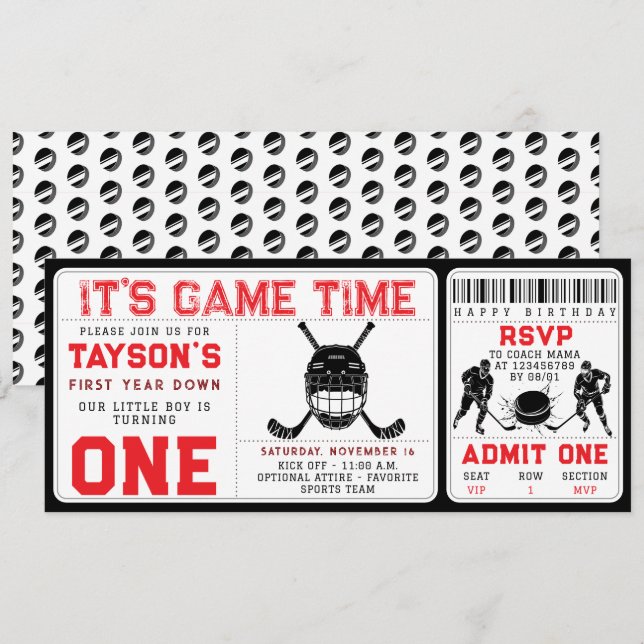 Hockey Erstes Jahr Ab 1. Geburtstag Ticket Einladung (Vorne/Hinten)