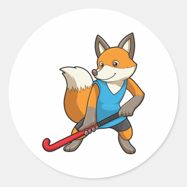 Hockey-Fox mit Hockey-Schläger Runder Aufkleber (Vorderseite)