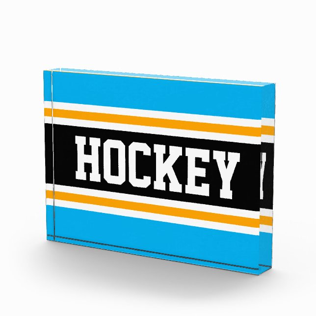 HOCKEY Fun Bright Azure Blue Black Yellow Streifen Fotoblock (Rechts)