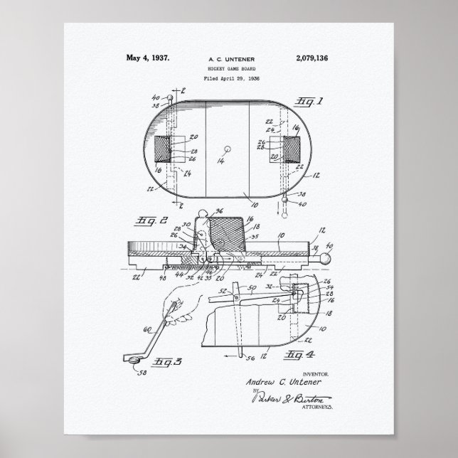 Hockey Game Board 1937 Patentart - Weißbuch Poster (Vorne)