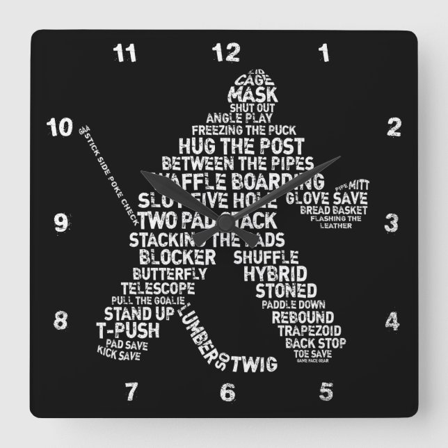 Hockey Goalie Typografie Wall Clock Quadratische Wanduhr (Vorderseite)
