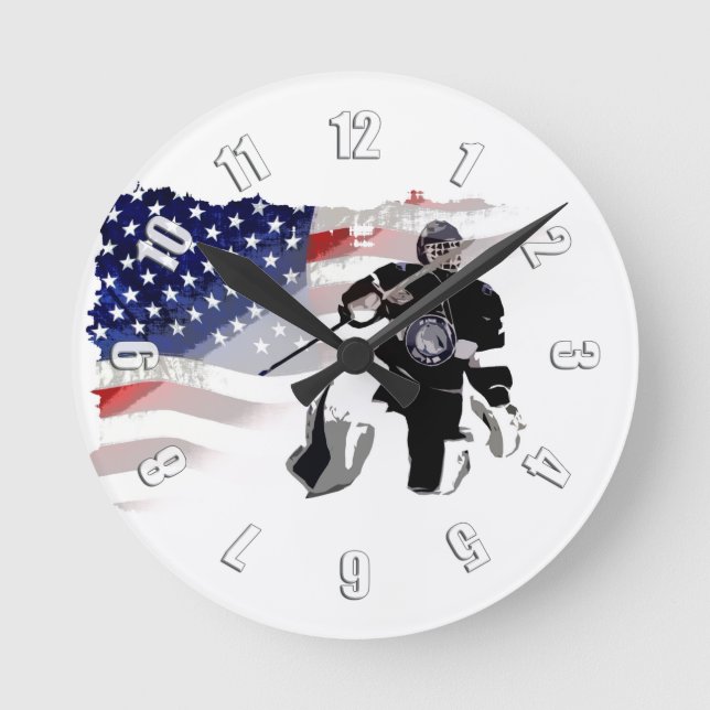 Hockey Goalie und die US-Flag Round Clock Runde Wanduhr (Vorderseite)