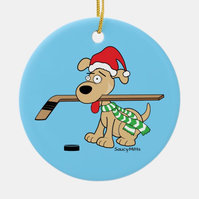 Hockey-Hundeweihnachtsdekor Keramik Ornament (Vorne)