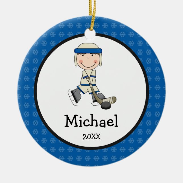 Hockey-Junge scherzt personalisiertes Weihnachten Keramik Ornament (Vorne)