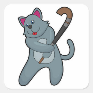 Hockey-Katze mit Hockeystick Quadratischer Aufkleber
