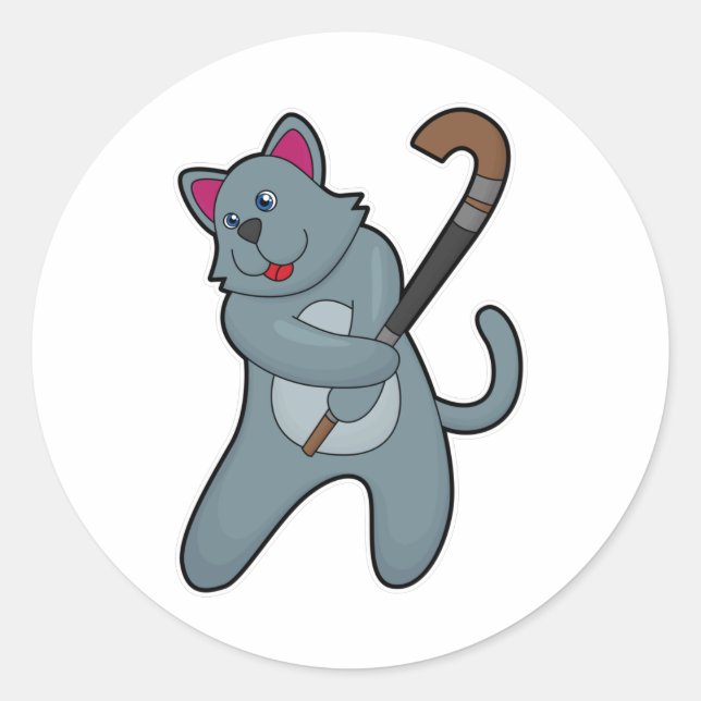 Hockey-Katze mit Hockeystick Runder Aufkleber (Vorderseite)