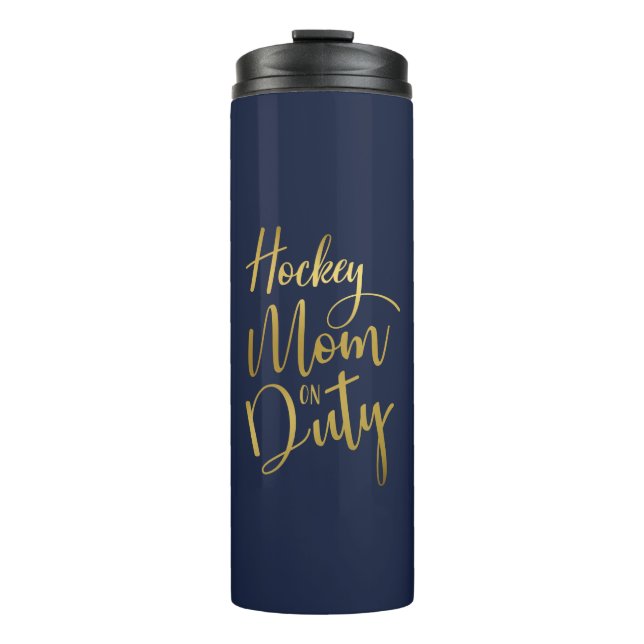 Hockey Mama auf Duty Stylish Gold Script Navy Blue Thermosbecher (Vorderseite)