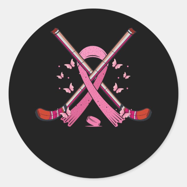 Hockey Pink Ribbon Breast Cancer Awareness Sport L Runder Aufkleber (Vorderseite)