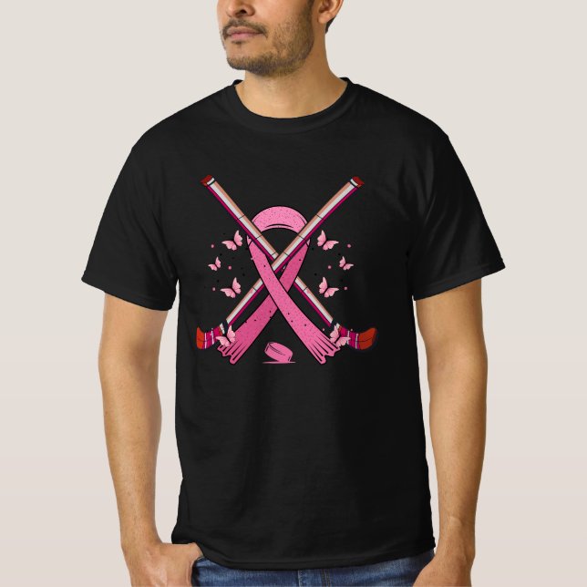 Hockey Pink Ribbon Breast Cancer Awareness Sport L T-Shirt (Vorderseite)