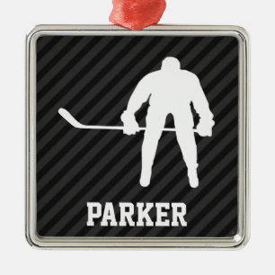 Hockey Player; Schwarz & Dunkelgrau Streifen Silbernes Ornament