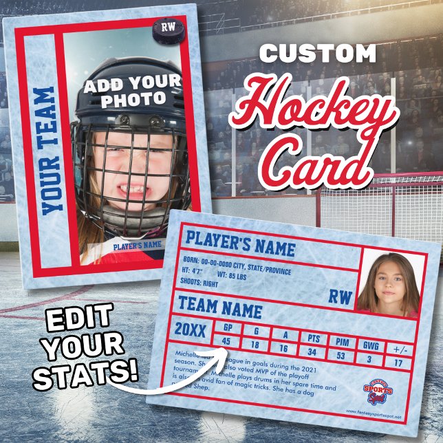 Hockey Player Trading Card Souvenir Telefonnummerkarte (Hockey trading card with customizable stats, including goals (G), assists (A), and points (PTS).)