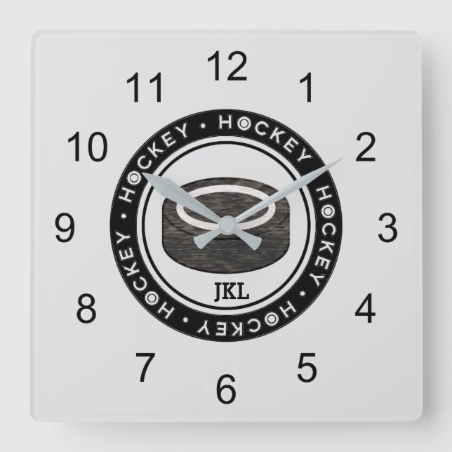 Hockey-Puck Monogram-Uhr Quadratische Wanduhr (Vorderseite)