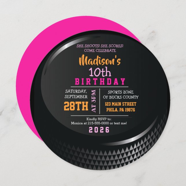 HOCKEY PUCK ROUND Girls Geburtstagsparty Einladung (Vorne/Hinten)