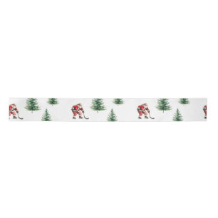 Hockey Santa und Pine Trees Weihnachtswrapping Satinband