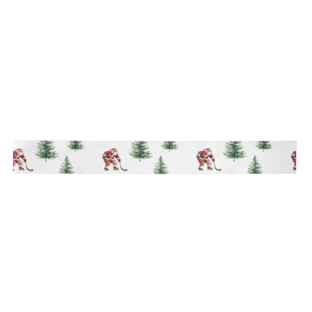 Hockey Santa und Pine Trees Weihnachtswrapping Satinband (Vorderseite)