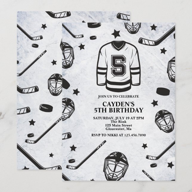 Hockey schwarz und weiß 5. Geburtstag Einladung (Vorne/Hinten)