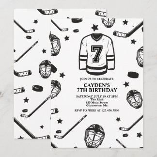 Hockey schwarz und weiß 7. Geburtstag Einladung