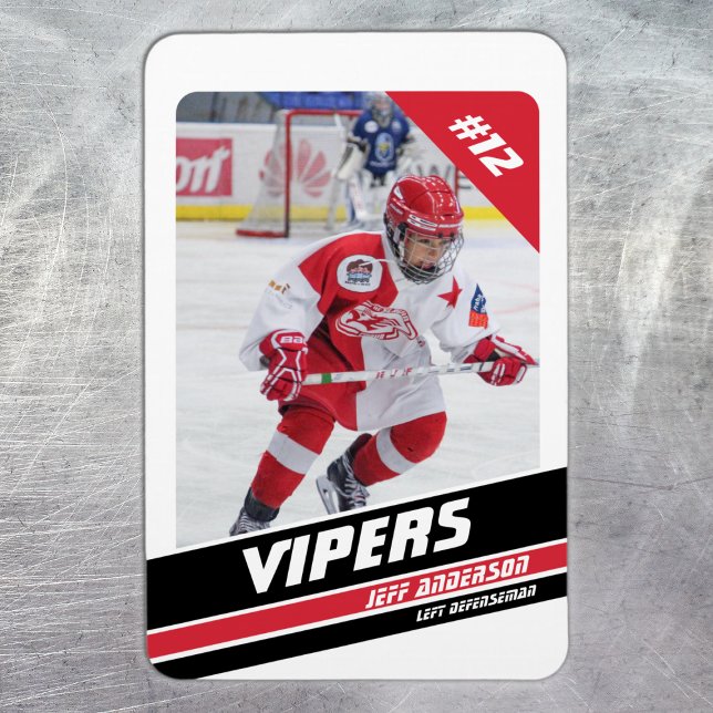 Hockey-Spieler behalten die Vorliebe für Vigorot Magnet (Ice Hockey: Create your magnet with a striking white and red jersey, player image, and number.)