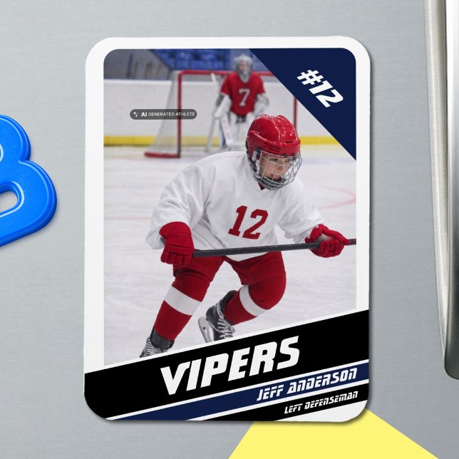 Hockey-Spieler behalten sich vor Magnet (Ice Hockey: Customize your magnet with a classic white and blue jersey, player image, and number.)