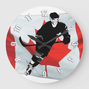 Hockey-Spieler und kanadische Flagge Große Wanduhr