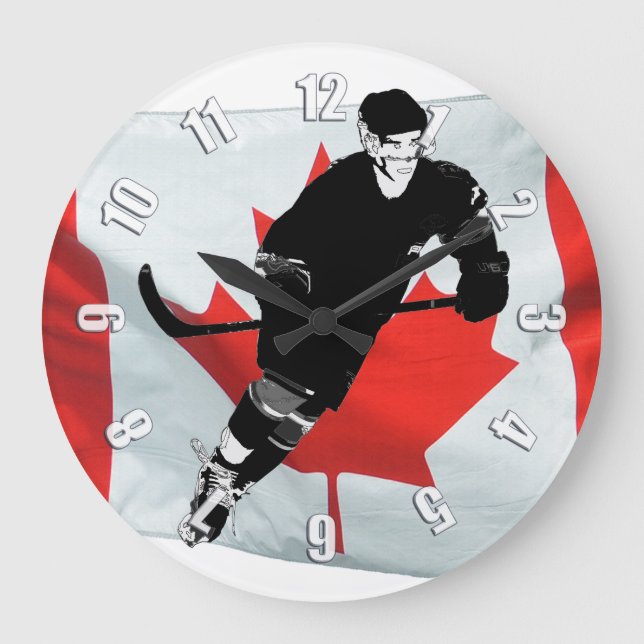 Hockey-Spieler und kanadische Flagge Große Wanduhr (Vorderseite)