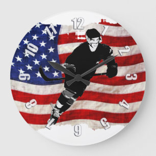 Hockey-Spieler und tatkräftige US-Flagge Große Wanduhr