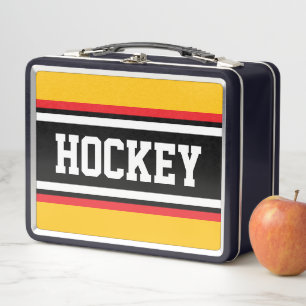 HOCKEY Sportlich Schwarz Weiß Rot Gelb Streifen Metall Brotdose