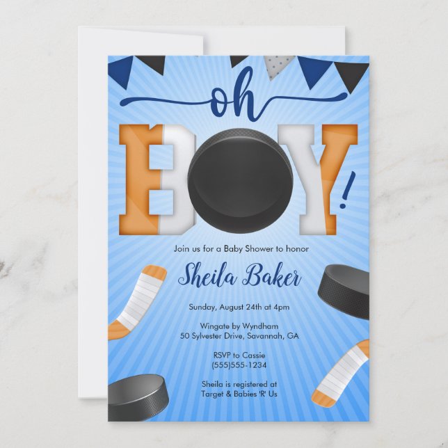Hockey Sports Baby Shower Einladung - Oh Junge (Vorderseite)